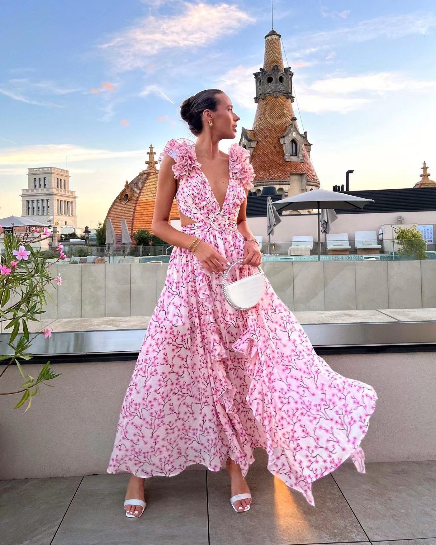 Dresses boho style, bohemian fashion, boho outfits Women Clothing Vacation Dress Hollow Out Cutout Slim Deep V Plunge Ruffled Floral Backless Dress