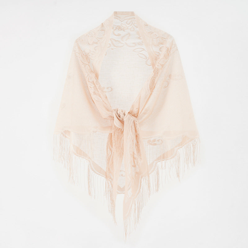 Elegant Nylon Hollow Cutout Breathable Tassel Shawl Women Scarf