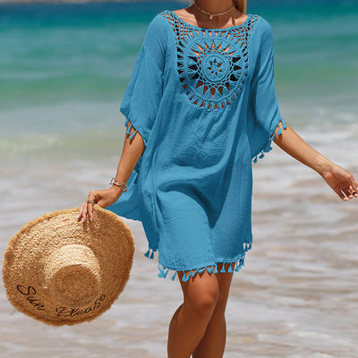 Cardigans boho style, bohemian fashion, boho outfits Hand Crochet Solid Color Stitching Beach Dress Fimbrilla Sun Protection Short Sexy Beach Blouse