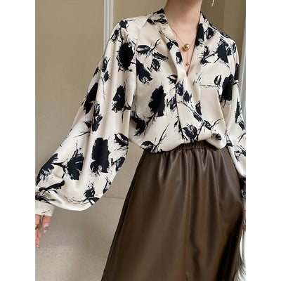 Beautiful Japanese Ink Lantern Sleeve V neck Satin Shirt Draping Effect