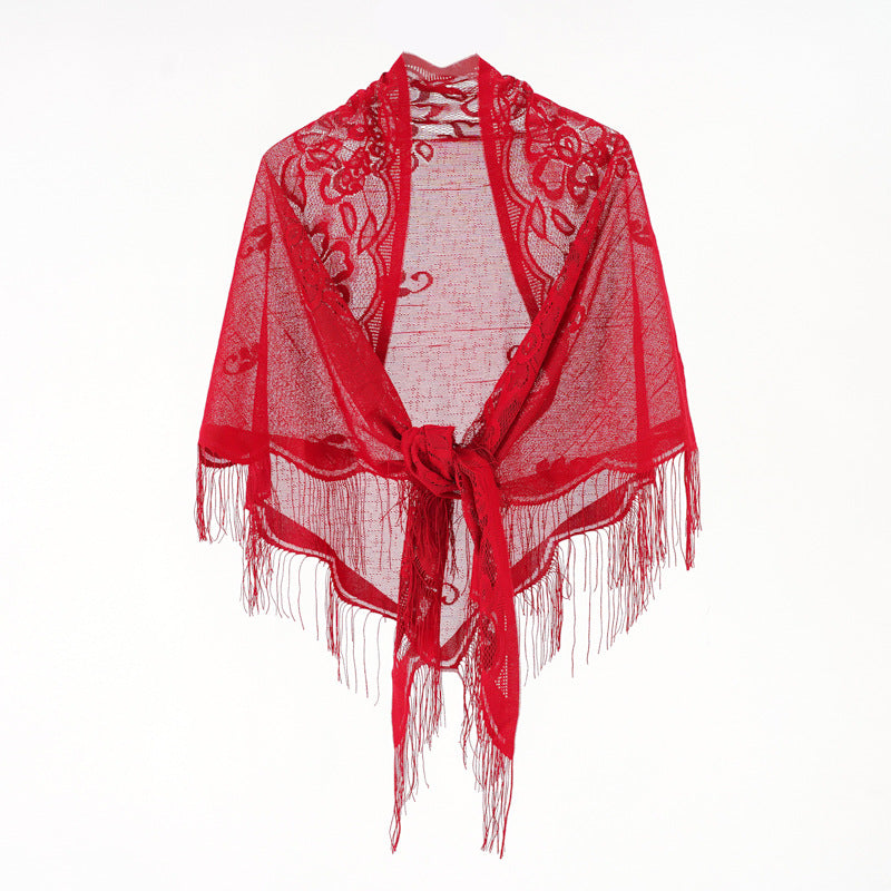 Elegant Nylon Hollow Cutout Breathable Tassel Shawl Women Scarf