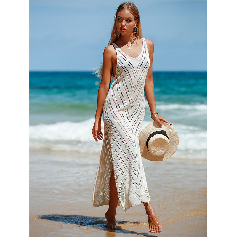 Dresses boho style, bohemian fashion, boho outfits Sexy Backless V neck for Travel Vacation - Solid Color Breathable Knitted Maxi Dress Beach Sun Protection Blouse