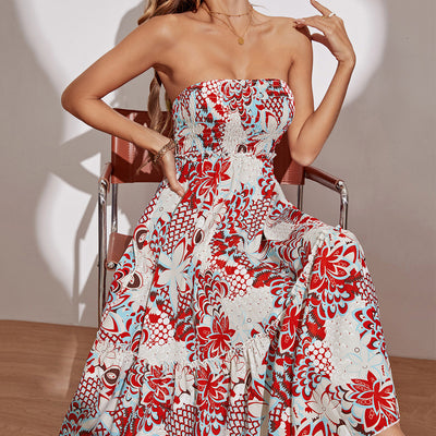 Vibrant Red White Tube Top Cinched Waist Printed Elegant Dress