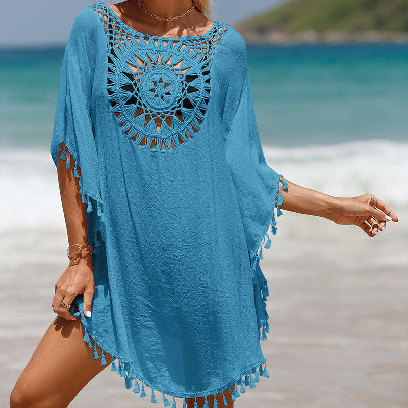 Cardigans boho style, bohemian fashion, boho outfits Hand Crochet Solid Color Stitching Beach Dress Fimbrilla Sun Protection Short Sexy Beach Blouse