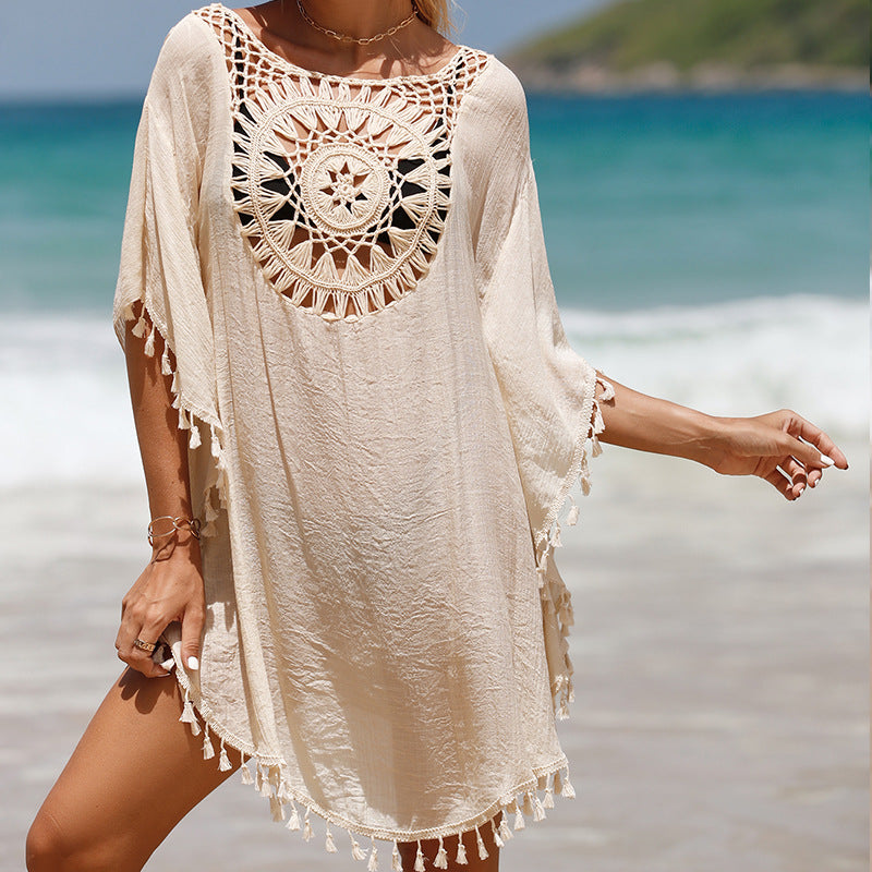 Cardigans boho style, bohemian fashion, boho outfits Hand Crochet Solid Color Stitching Beach Dress Fimbrilla Sun Protection Short Sexy Beach Blouse