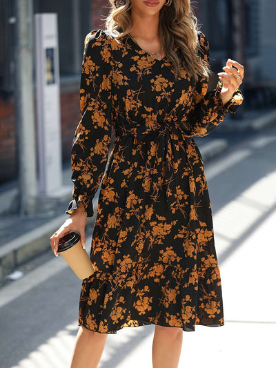 Floral Print Sexy Slim-Waist Long Sleeve Dress