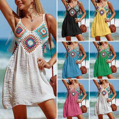 Hand Crochet Stitched Color Pattern Breathable Beach Cover Up Dress