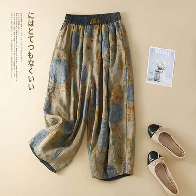 Japanese Vintage Style Cotton Linen Loose Printed Baggy Pants