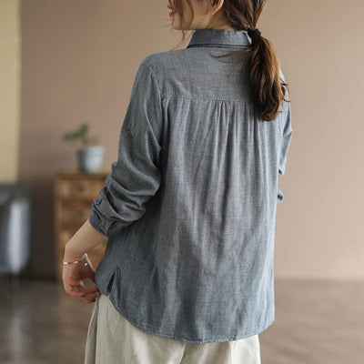 Japan Boho Style Loose Linen Turn-down Collar Casual Shirts Vintage Embroidery