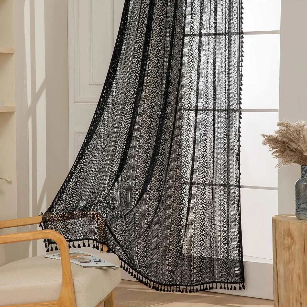 Moroccan Boho Sheer Curtain, Beige and Black Voile with Tassel Living/Bedroom Curtain Decoration