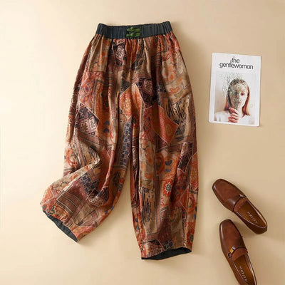 Japanese Vintage Style Cotton Linen Loose Printed Baggy Pants