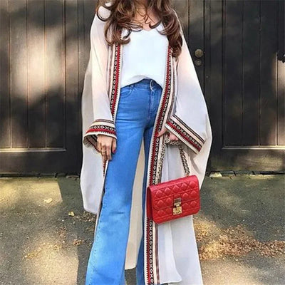 Ultra Stylish Chiffon Long Maxi Kimono Cardigan - Any Season Embroidery Edge with Belt