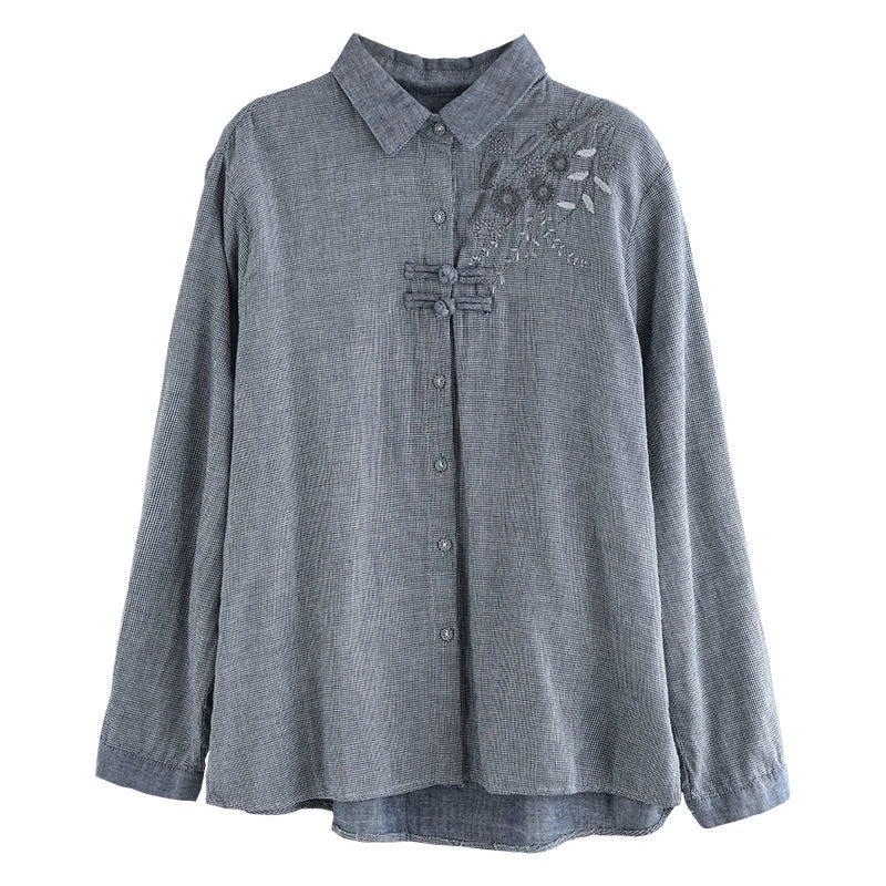 Japan Boho Style Loose Linen Turn-down Collar Casual Shirts Vintage Embroidery