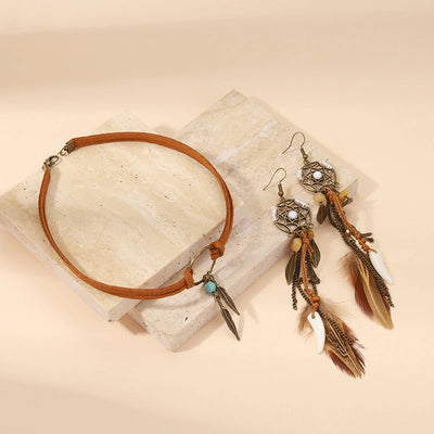 Dream Catcher Earrings and Choker Set Retro Feather Tassel