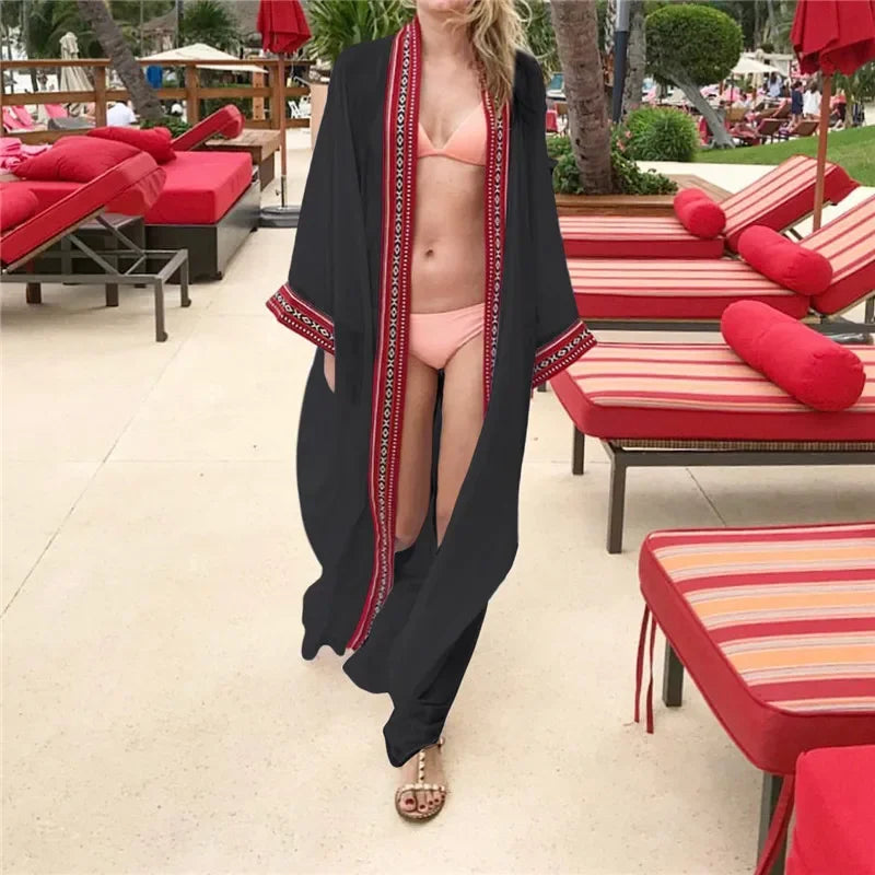 Ultra Stylish Chiffon Long Maxi Kimono Cardigan - Any Season Embroidery Edge with Belt