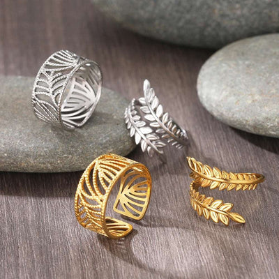 Bohemian Style Vintage Plant Leaves Adjustable Open Ring For Women Jewelry Non-fading