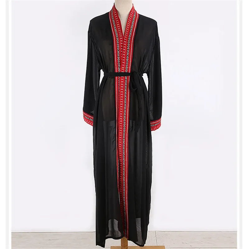 Ultra Stylish Chiffon Long Maxi Kimono Cardigan - Any Season Embroidery Edge with Belt