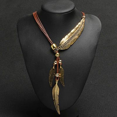 Chain Leaf Boho Style Rope Feather Pendant