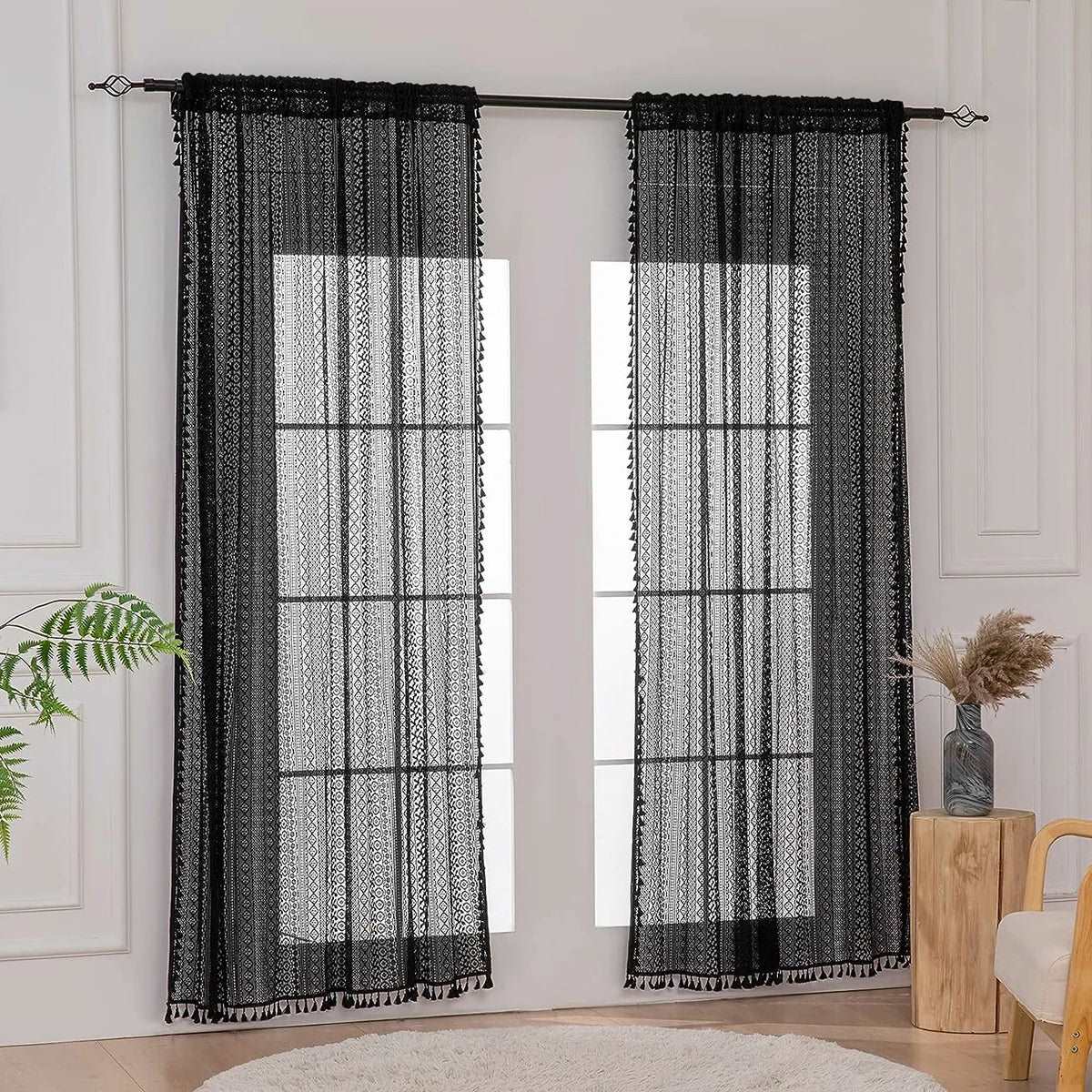 Moroccan Boho Sheer Curtain, Beige and Black Voile with Tassel Living/Bedroom Curtain Decoration