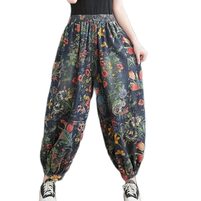 Harem Floral Jeans - Vintage Denim Pants Female Street Style Oversized High Waist Trousers