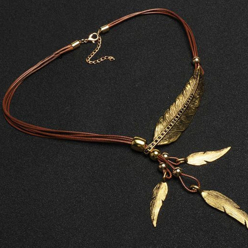 Chain Leaf Boho Style Rope Feather Pendant