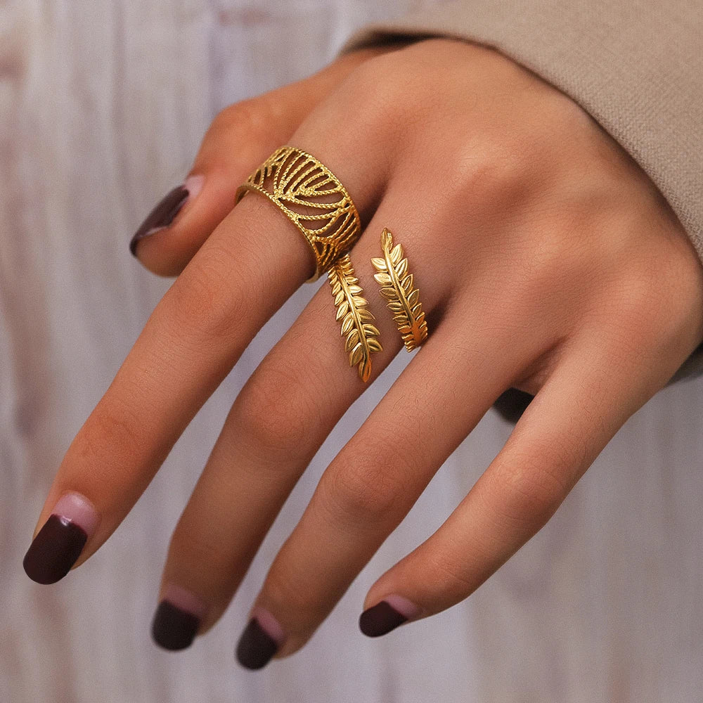 Bohemian Style Vintage Plant Leaves Adjustable Open Ring For Women Jewelry Non-fading