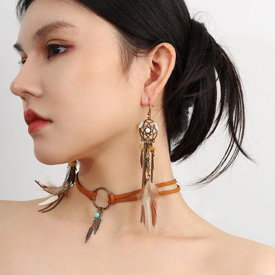 Dream Catcher Earrings and Choker Set Retro Feather Tassel