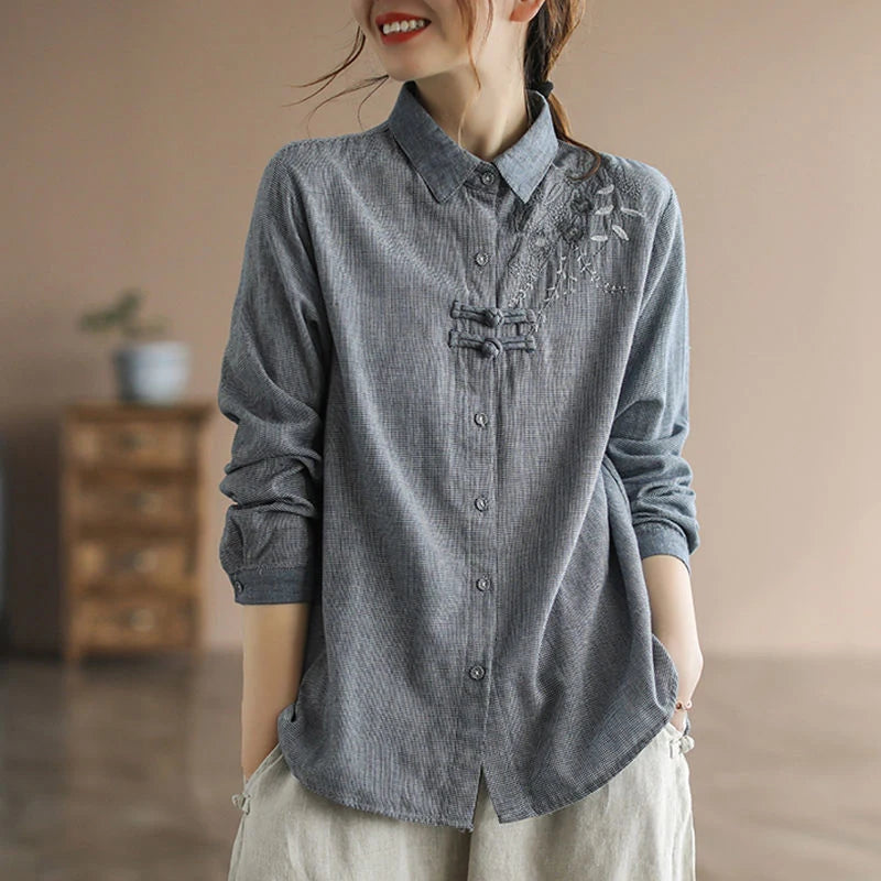 Japan Boho Style Loose Linen Turn-down Collar Casual Shirts Vintage Embroidery