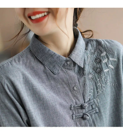 Japan Boho Style Loose Linen Turn-down Collar Casual Shirts Vintage Embroidery