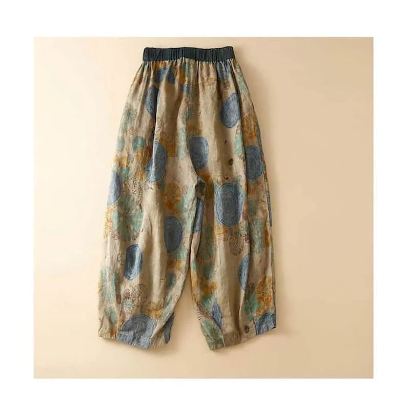 Japanese Vintage Style Cotton Linen Loose Printed Baggy Pants