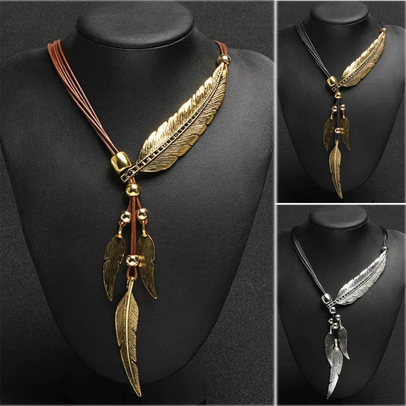 Chain Leaf Boho Style Rope Feather Pendant