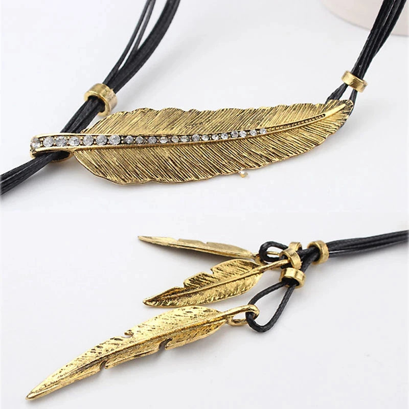 Chain Leaf Boho Style Rope Feather Pendant