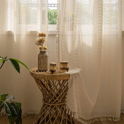 Moroccan Boho Sheer Curtain, Beige and Black Voile with Tassel Living/Bedroom Curtain Decoration