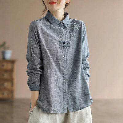 Japan Boho Style Loose Linen Turn-down Collar Casual Shirts Vintage Embroidery