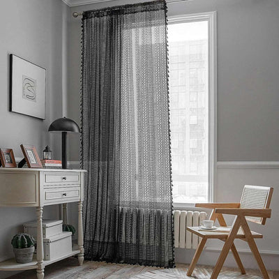 Moroccan Boho Sheer Curtain, Beige and Black Voile with Tassel Living/Bedroom Curtain Decoration