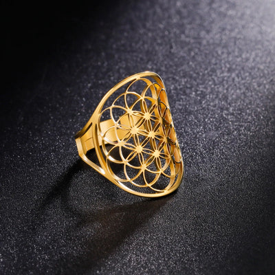 Vintage Flower of Life Boho Style Ring - Unique Adjustable Stainless Steel