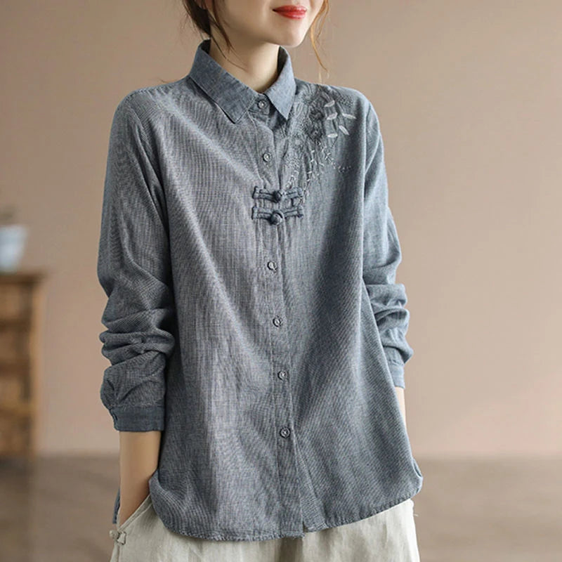 Japan Boho Style Loose Linen Turn-down Collar Casual Shirts Vintage Embroidery