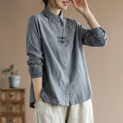 Japan Boho Style Loose Linen Turn-down Collar Casual Shirts Vintage Embroidery